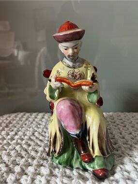 Porcelain Asian Scholar Figurine in Yellow and Pink - Made in Japan stamp.